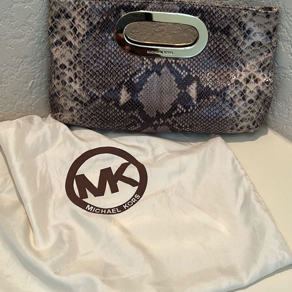 Michael Kors Snakeskin Clutch Bag Beige Brown Animal Print Gold Accent Handle